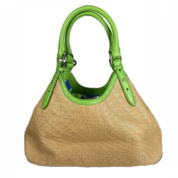 Cole Haan Straw Hobo Tote Kiwi Green Leather Summer Coastal Beach Bag - Picture 2 of 12